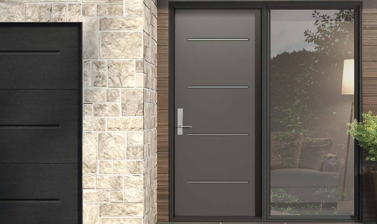Sleek steel entry door with horizontal accents and side glass panel on a modern home in Kitchener